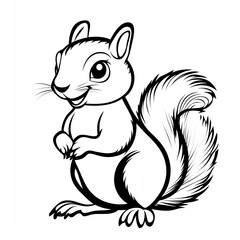 Fototapeta premium A cheerful cartoon squirrel smiles brightly, its bushy tail playfully curved, set against a stark white background.