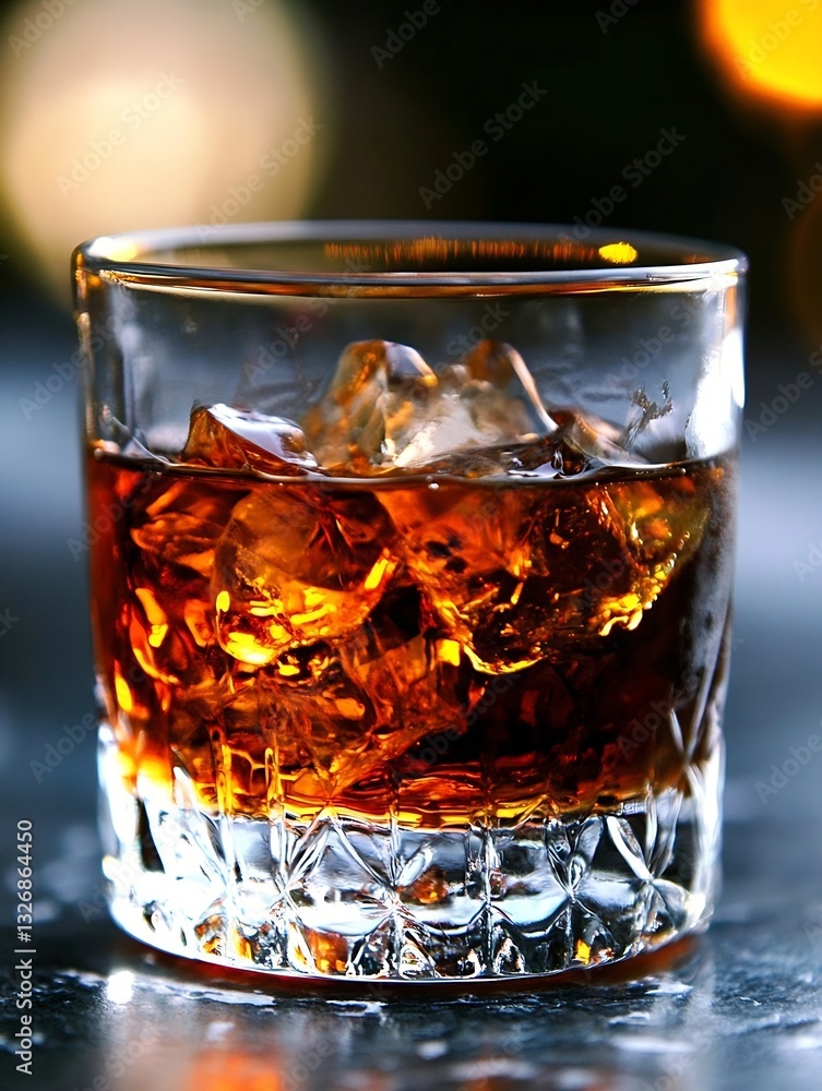 Poster glass of amber whiskey filled with ice on a blurred bokeh background showcasing richness : generativ