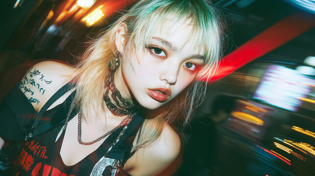 Stylish portrait of a young woman in Harajuku fashion style with vibrant neon lights and dynamic motion blur