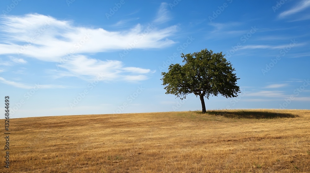 Poster Lonely Tree on a Dry Hilltop under a Bright Blue Sky with Sparse White Clouds in the Background : Generative AI