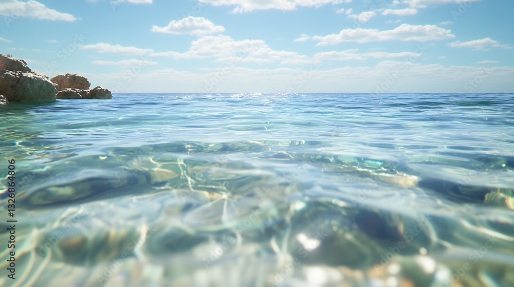 Poster crystal clear ocean water with gentle waves lapping at rocky shore under bright sky : generative ai