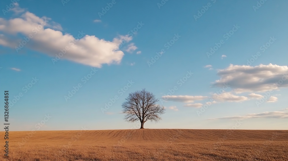 Aufkleber lonely leafless tree on a hill against a bright blue sky with soft clouds : generative ai