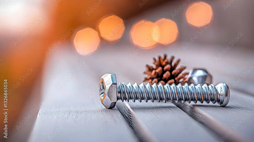 Poster a metallic screw and other objects rest on a wooden surface