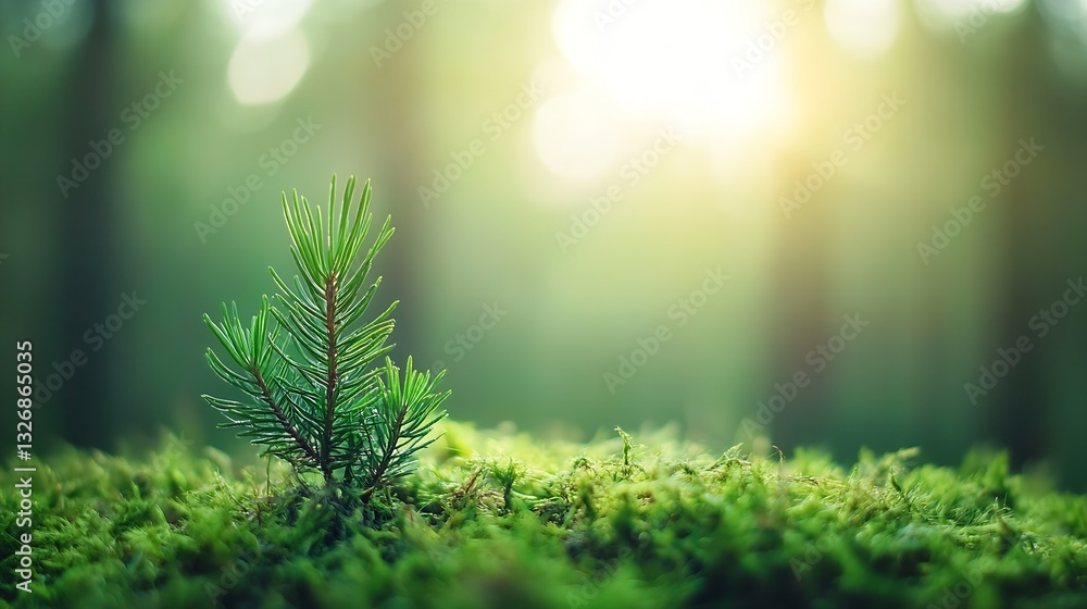 Poster new pine sapling emerging from lush green moss in a sunlit forest environment : generative ai