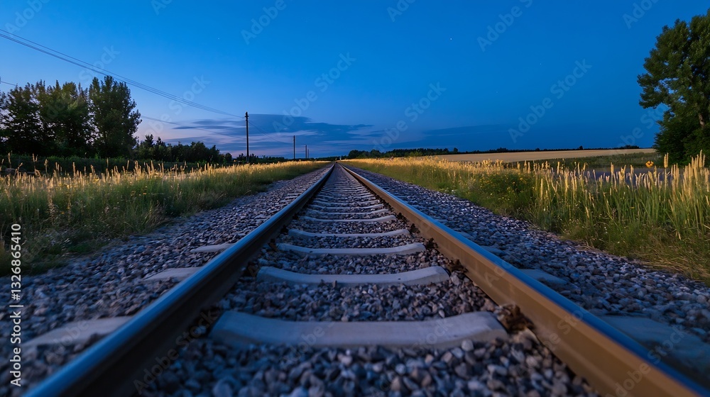 Poster Calm night scene of railway tracks running through peaceful fields under a twilight sky : Generative AI