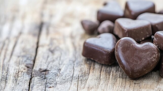 Artfully arranged heart shaped chocolates on rustic wooden surface ready for indulgence : Generative AI