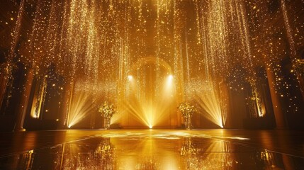 Dazzling Golden Hall Background with Sparkling Lights and Archway, Symbolizing Celebration and Luxury. Ideal for Event Invitations, Wedding Announcements, and Festive Designs.