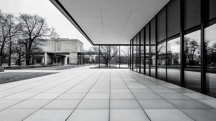 Contemporary building facade with glass windows and outdoor greenery in a minimalist architectural style : Generative AI
