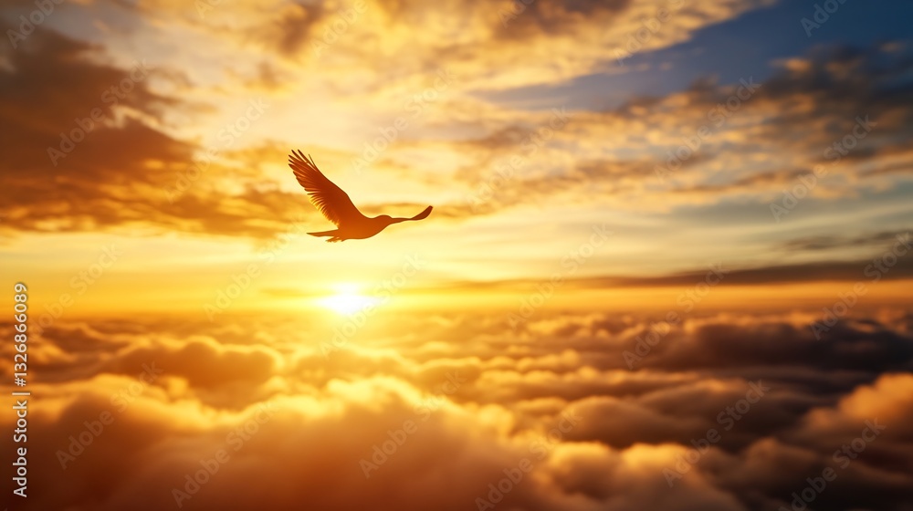 Poster graceful bird flying against a vibrant sunset backdrop illuminating the sky with warm colors and sof