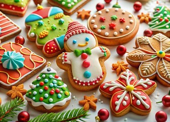 Obraz premium Festive Christmas Gingerbread Cookies Candy Shapes, Winter Holiday Treats, Sweet Baked Goods, Icing Decoration
