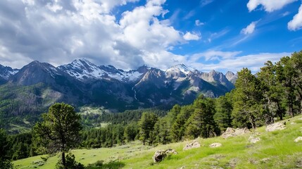 Breathtaking mountain landscape featuring green meadows and majestic peaks under a dramatic sky : Generative AI