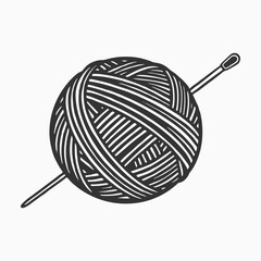 Black silhouette knitting thread balls of yarn with sewing needles and pins vector line art hand drawing Sketch vintage vector illustration