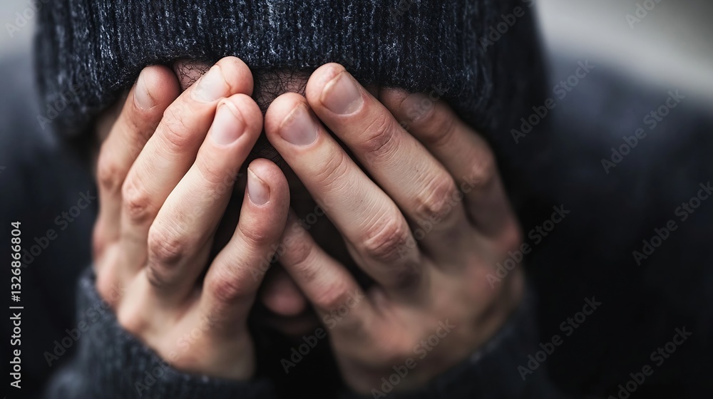 Poster close up of a person with hands covering face showing emotions of despair and distress in a dark kni