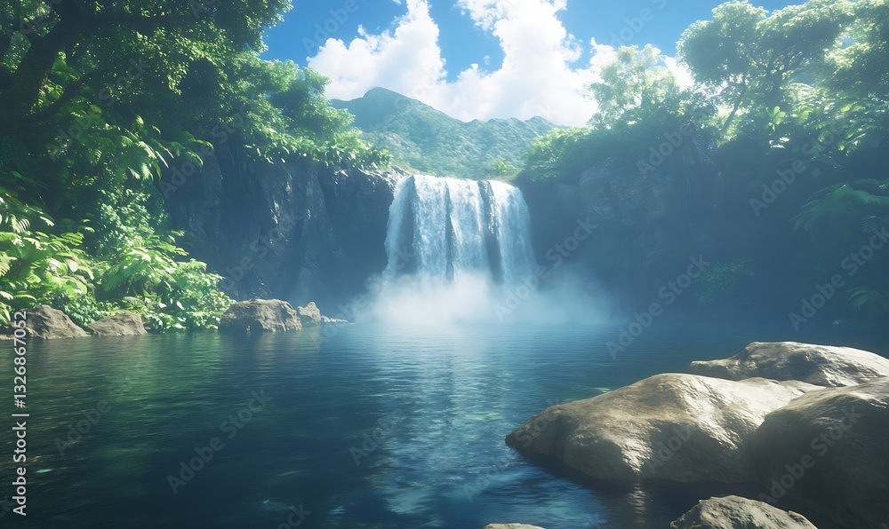 Poster Serene waterfall cascading into a tranquil pool surrounded by lush greenery and bright blue skies.