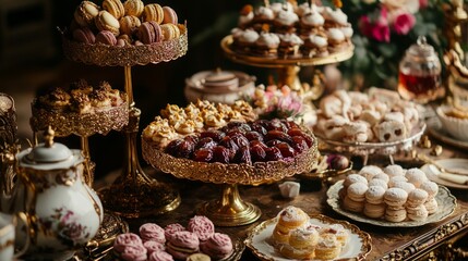 Elegant Dessert Table with Assorted Pastries and Sweets