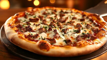 Hot Beef Steak Pizza with Savory Toppings and Fresh Parsley. Generative AI