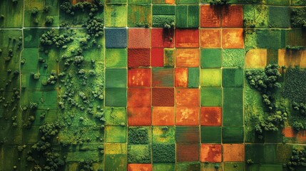Aerial perspective reveals a patchwork of agricultural fields with diverse crop types, highlighting vibrant greens, reds, and browns in a rural setting.