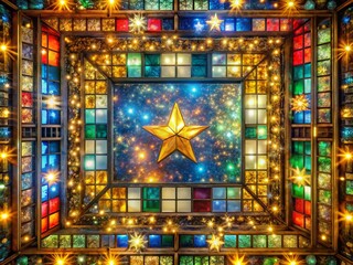 Obraz premium Festive Colorful Glass Panel Frame with Stars - Drone Aerial View, Perfect for Celebrations & Invitations