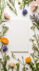 Blank Card Surrounded by Colorful Flowers in Top View Arrangement