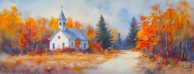 Autumn church, rural road, fall foliage