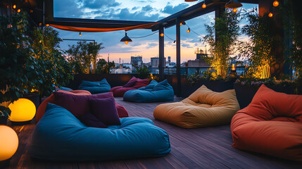 Cozy rooftop lounge with colorful bean bags.