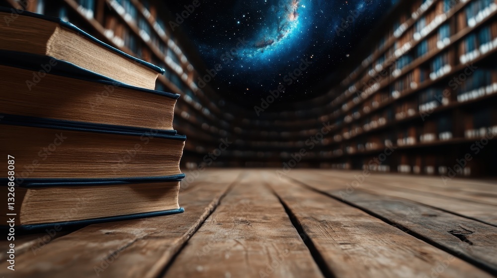 Poster a close-up of stacked books reveals a distant cosmic view with swirling galaxies and infinite space,