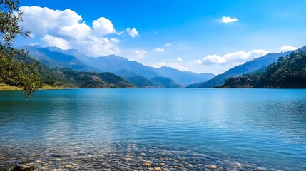 Fototapeta premium Tranquil Lake Surrounded by Majestic Mountains Under a Bright Sunny Sky with Clouds : Generative AI