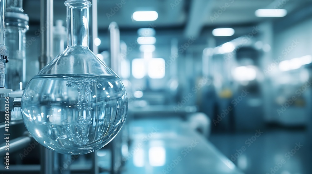 Poster Laboratory scene featuring a glass flask filled with clear liquid in modern science environment : Generative AI