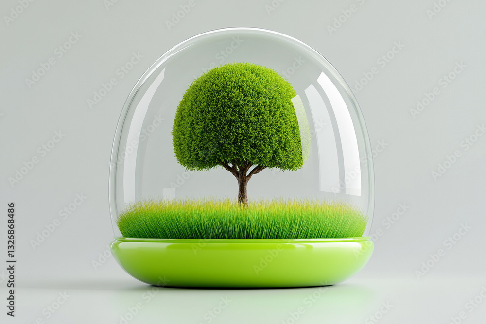 Poster a single tree inside an empty bubble on a grey background, with green grass at the bottom
