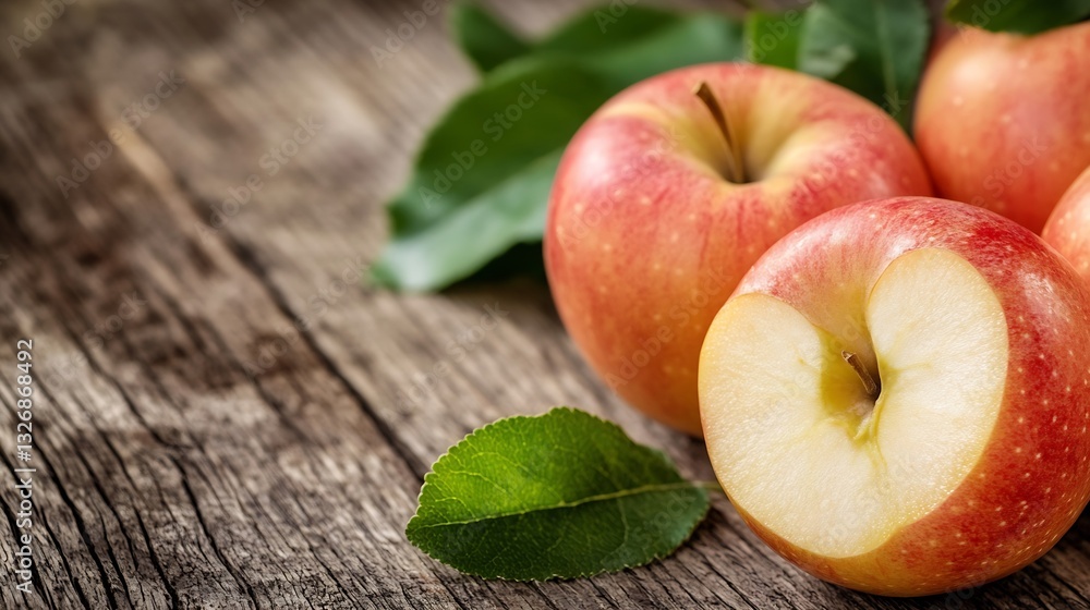 Poster fresh red apples arranged on rustic wooden table with green leaves enhancing the natural aesthetic o
