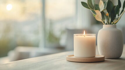 Illuminating Organic Soy Candle Modern Home Setting Closeup Photography Tranquil Environment Natural Aesthetic for Relaxation