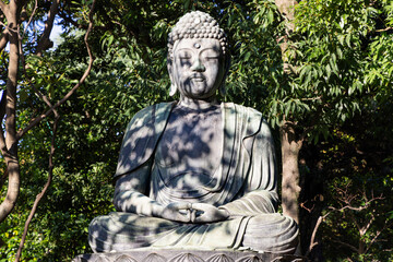 Obraz premium Bronze Buddha statue sits in peaceful meditation, surrounded by dense green foliage. Sunlight and shadows highlight the intricate details of the sculpture, creating a serene atmosphere