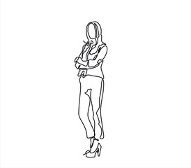 Continuous one line drawing of successful business woman with crossed arms, hand drawn style vector illustration	