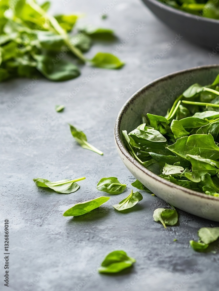 Aufkleber fresh spinach leaves arranged elegantly in a bowl on a textured gray surface : generative ai