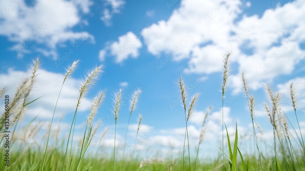 Poster vast green field under a blue sky with fluffy clouds and gentle breeze : generative ai