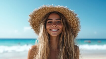A cheerful young woman on a beach sporting a straw hat and radiant smile, capturing the essence of summer joy and carefree beach life against a bright blue sky.