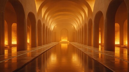 Obraz premium Golden arched hall with reflecting pool; architectural interior, meditation space