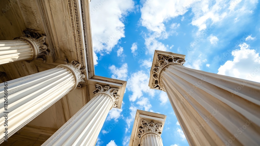 Poster majestic view of classic columns against a bright blue sky with fluffy clouds inspiring architectura
