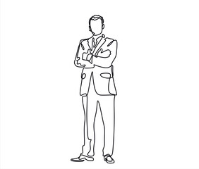 Continuous one line drawing of successful businessman with crossed arms, hand drawn style vector illustration	