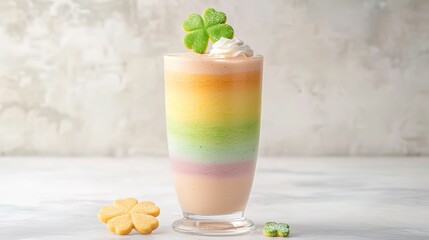 Fototapeta premium A colorful layered drink topped with whipped cream and a clover garnish, perfect for festive celebrations.
