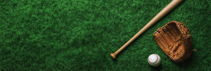 Baseball bat, glove, and ball resting on lush green grass