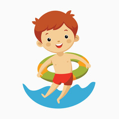Cheerful Boy Waving While Swimming in an Inflatable Ring. Child Floating with a Swim Tube vector icon for apps and websites