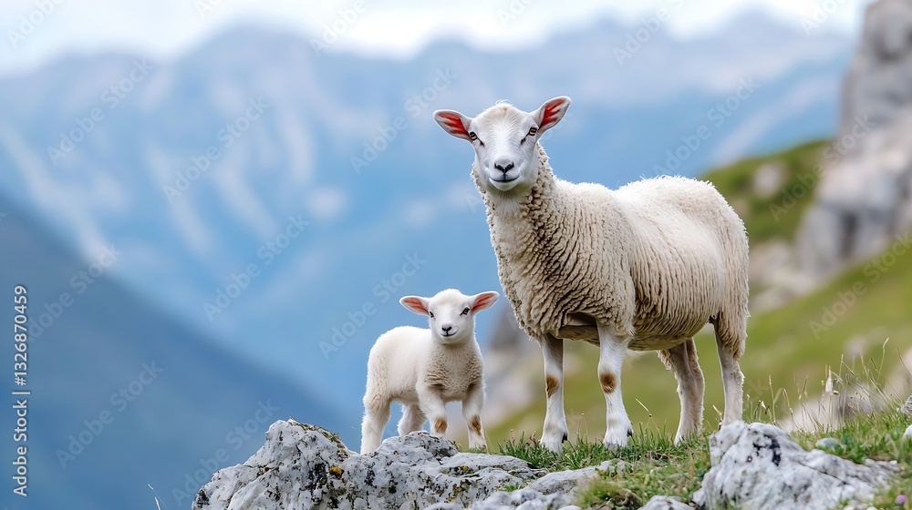 Aufkleber charming sheep and lamb standing on rocky terrain with breathtaking mountain views in the background