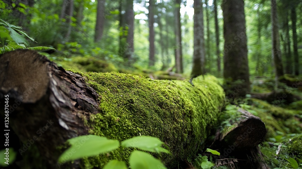 Poster Closeup of a mosscovered log nestled in a lush green forest surrounded by towering trees and flora : Generative AI
