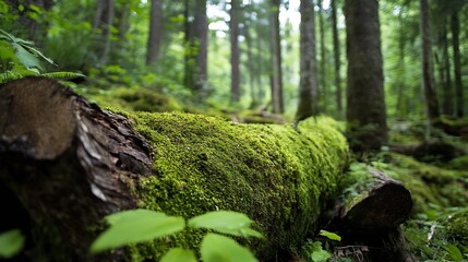 Closeup of a mosscovered log nestled in a lush green forest surrounded by towering trees and flora : Generative AI