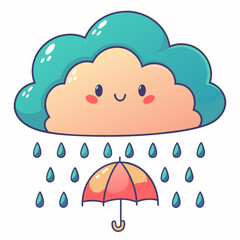 Playful cloud with rain and umbrella digital illustration whimsical environment cheerful viewpoint fun concept