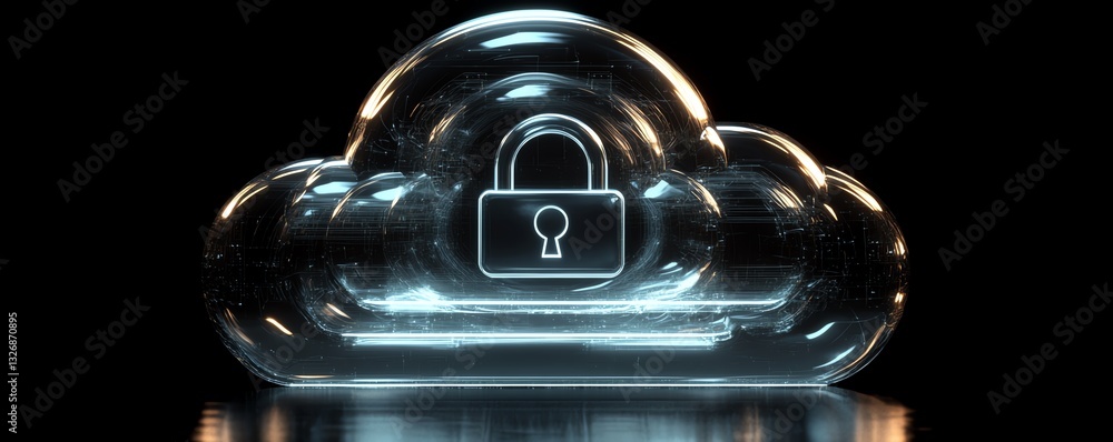 Poster stylized cloud icon with a secure padlock symbol, abstract representation of cloud security services