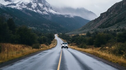 Naklejka premium A vehicle driving on a winding wet road bordered by lush mountains revealing nature's grandeur : Generative AI