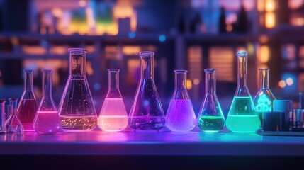 Laboratory glassware filled with colorful liquids on a counter top with a blurred background