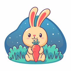 Cute bunny holding carrot enchanted forest illustration whimsical nighttime playful concept